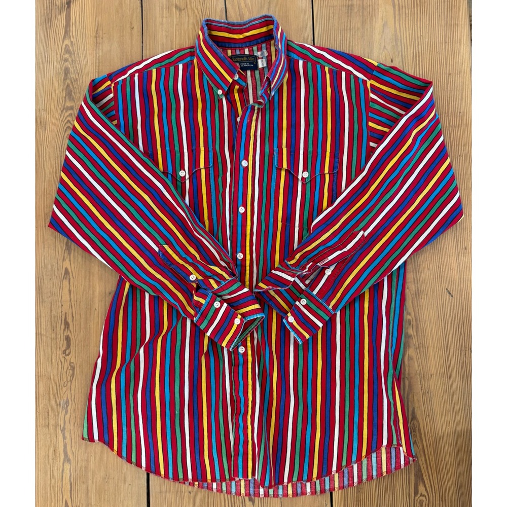 Panhandle Slim Bright Bold Striped Long Sleeve Button Up Shirt Size 17x35 Men's